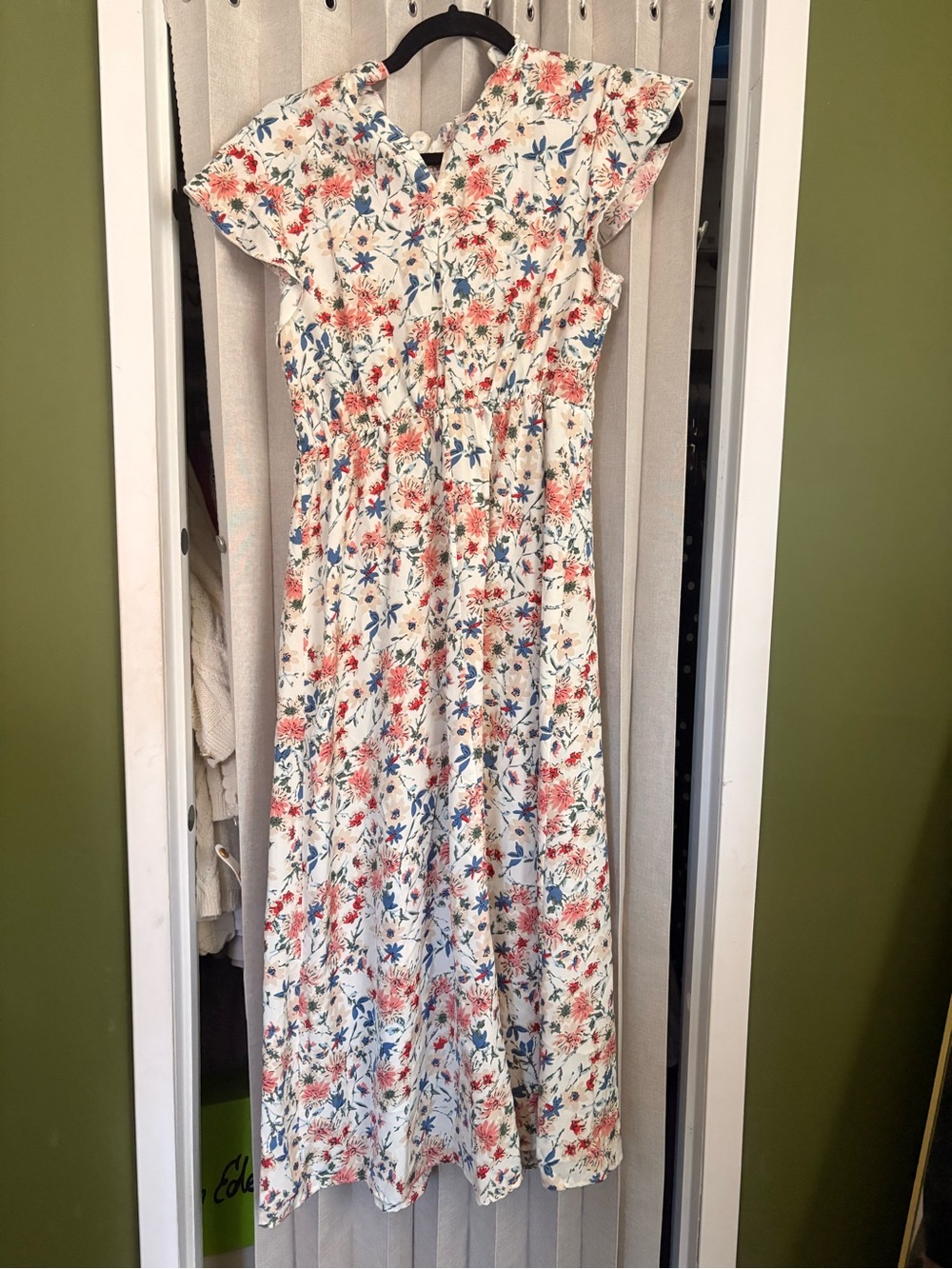 Cream Floral Midi Dress with Coral and Blue Print